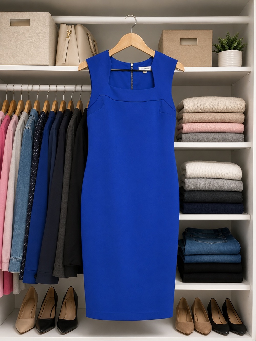 Calvin Klein size 12 cobalt blue sheath dress Gold Zipper Midi